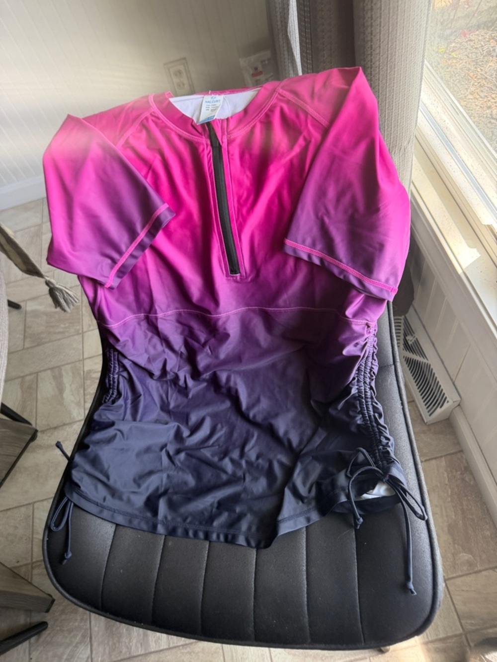 Pink to Black Ombre Women’s Half-zip shirt sleeve Rash guard Swimsuit Top